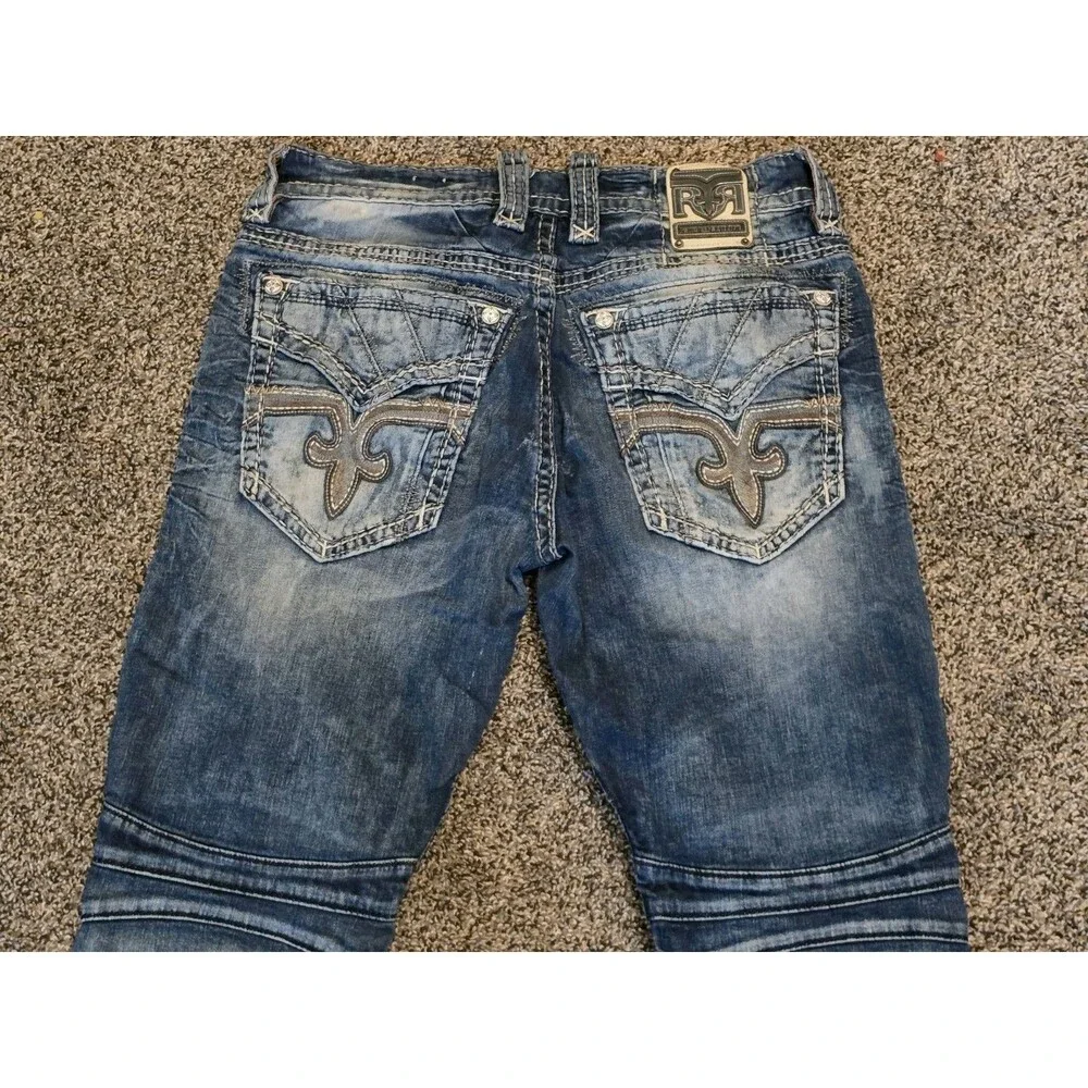 Rock Revival Rodrigo Men 34x30 Biker Moto Straight Thick Stitch Blue Jeans Flap